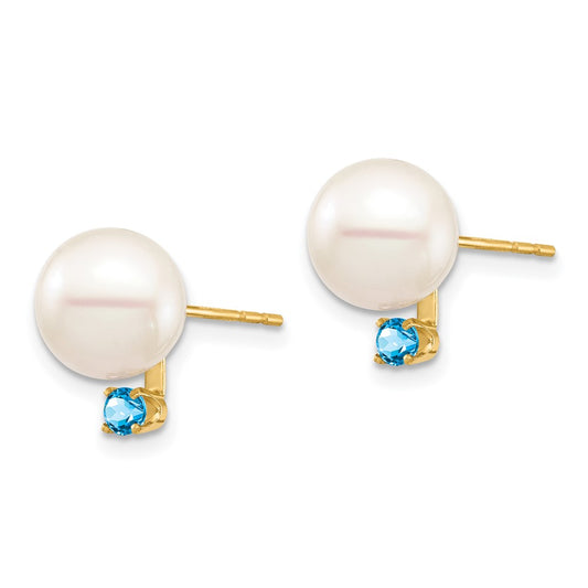 8- Round Freshwater Cultured Pearl and .18BT Swiss Blue Topaz Post Earrings - WBC