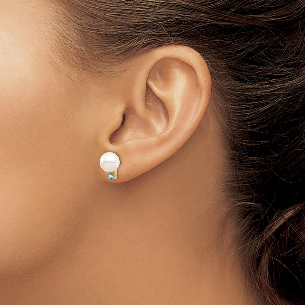 8- Round Freshwater Cultured Pearl and .18BT Swiss Blue Topaz Post Earrings - WBC
