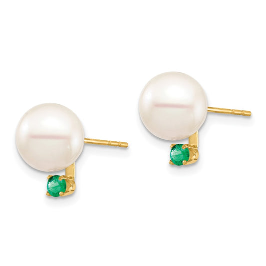 8- Round Freshwater Cultured Pearl and .18EM Emerald Post Earrings - WBC
