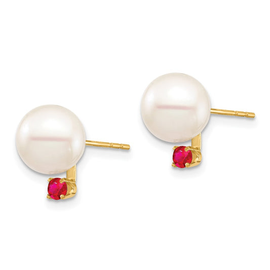 8- Round Freshwater Cultured Pearl and .18RU Ruby Post Earrings - WBC