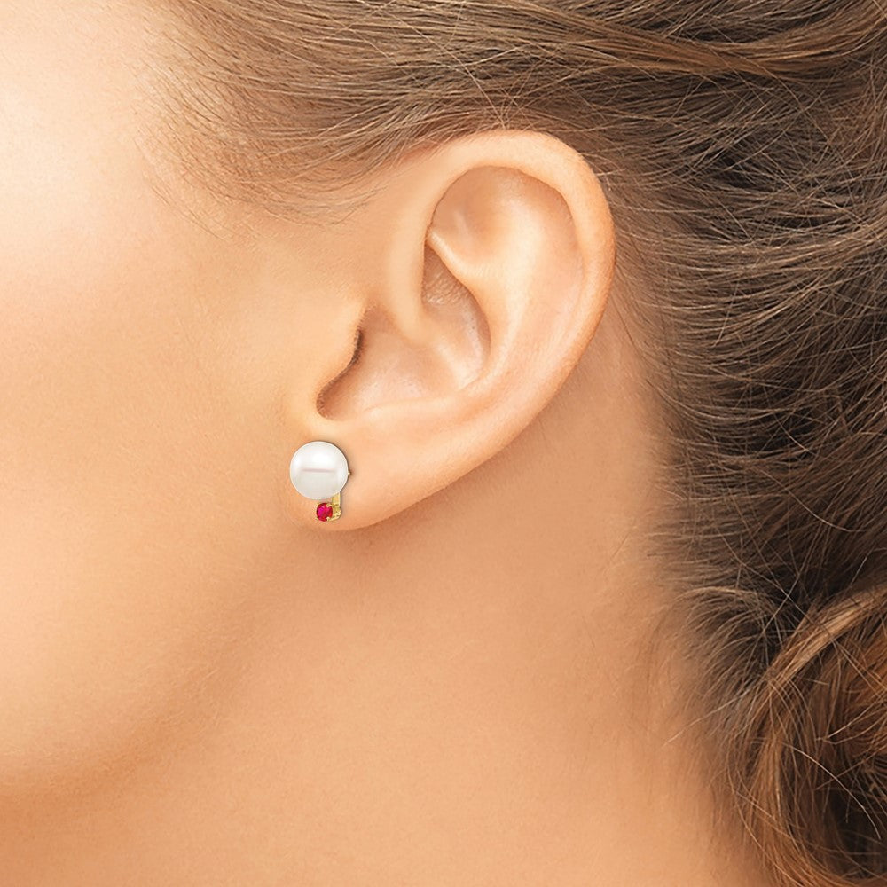 8- Round Freshwater Cultured Pearl and .18RU Ruby Post Earrings - WBC