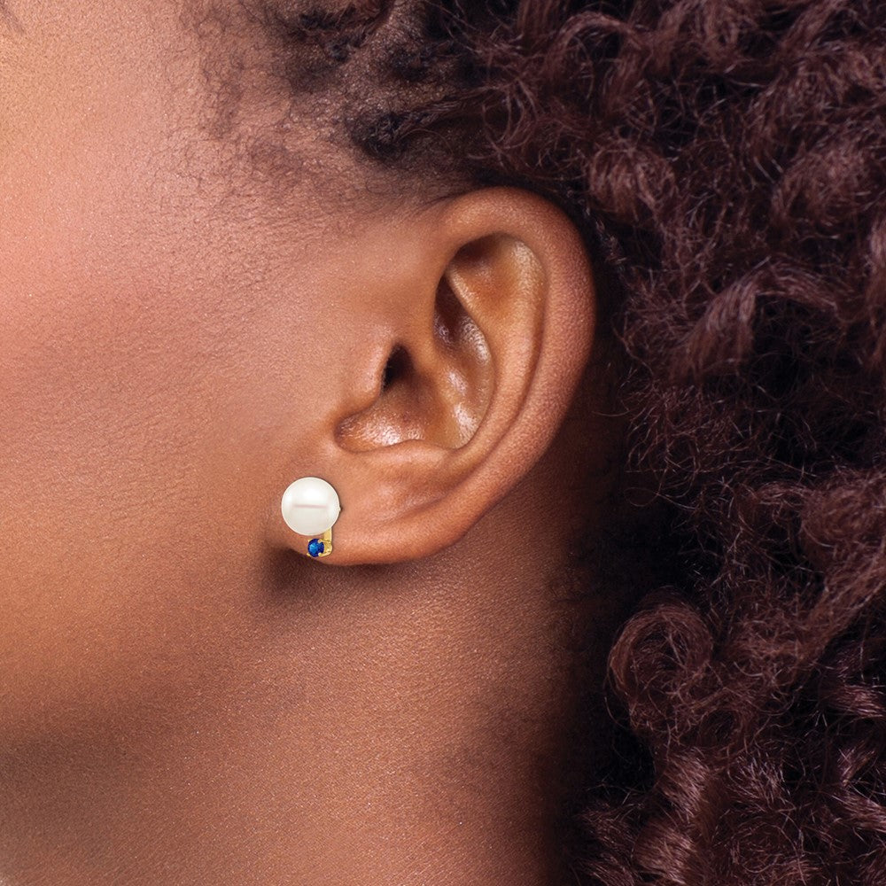 8- Round Freshwater Cultured Pearl and .18SA Sapphire Post Earrings - WBC
