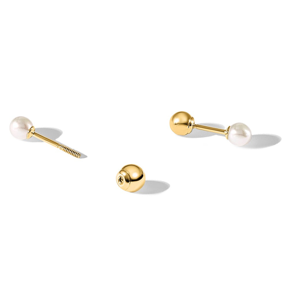 3- Round Freshwater Cultured Pearl Front and Back Ball Post Screwback Earrings - WBC