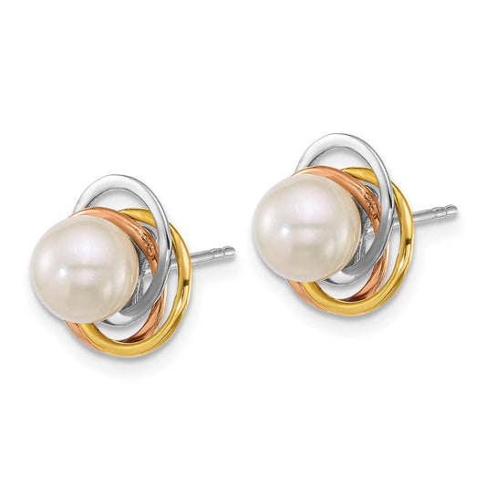 14K Tri-Color Gold 6mm Round South Sea Saltwater Cultured Pearl Love Knot Stud Earrings