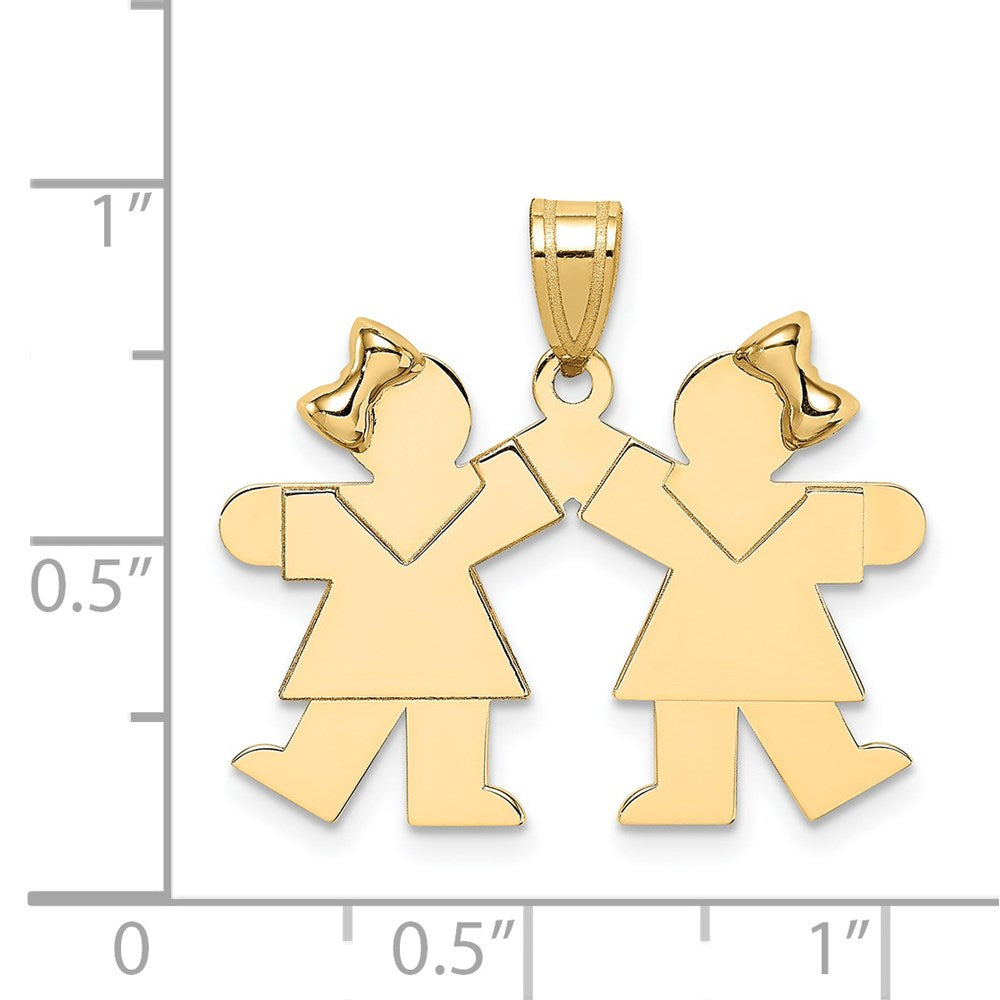 14K Gold The Kids Solid Engravable Small Double Girls Kiss Charm, 25mm