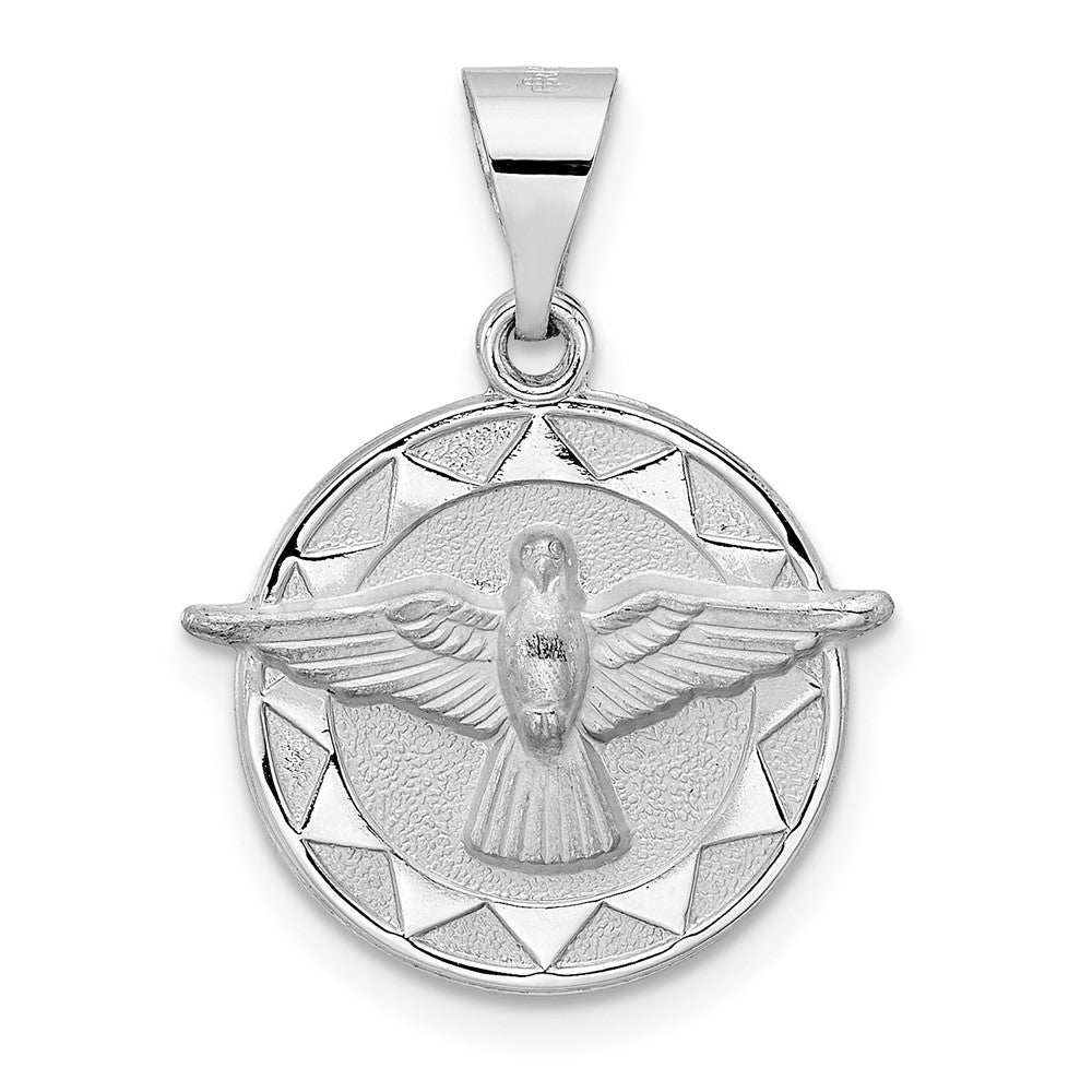 14K White Gold Polished & Satin Hollow Holy Spirit Medal Round Pendant, 18mm