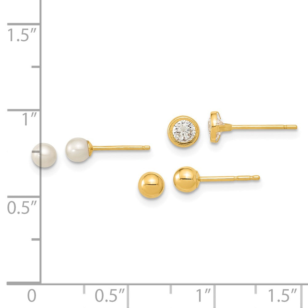 Polished Ball/3- Freshwater Cultured Pearl/ CZ Bezel Set of 3 Pair Post Earrings - WBC