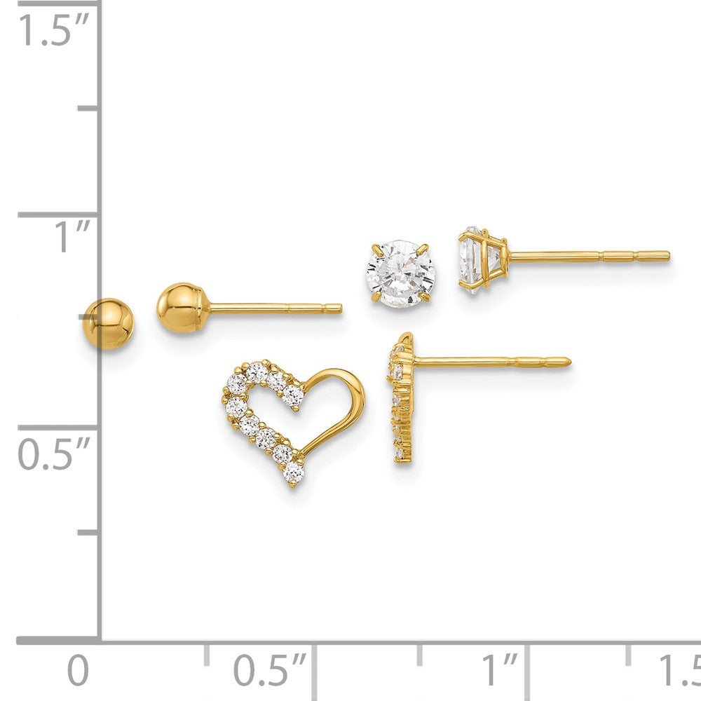 Polished CZ/ Ball/CZ Heart Post Set 3 Pair Earrings - WBC