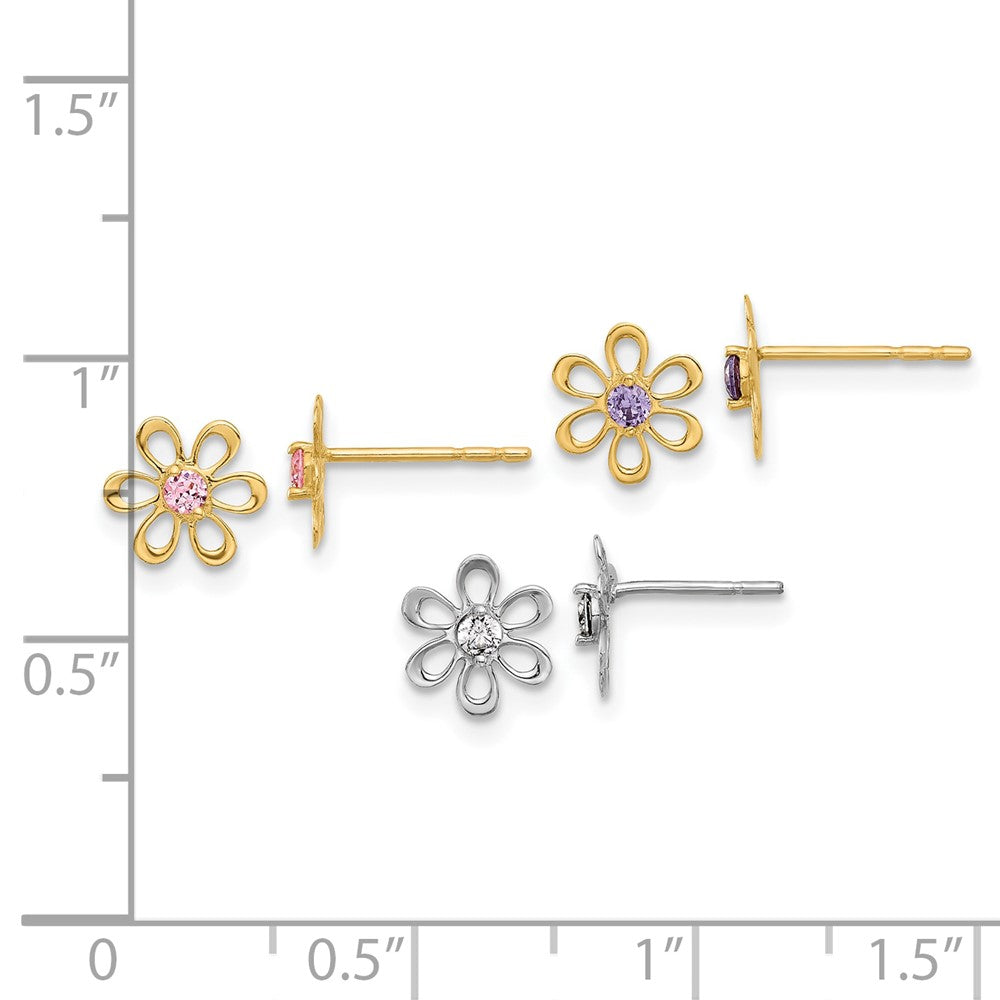 and Multi-color CZ Flower 3-pair Post Earring Set - WBC