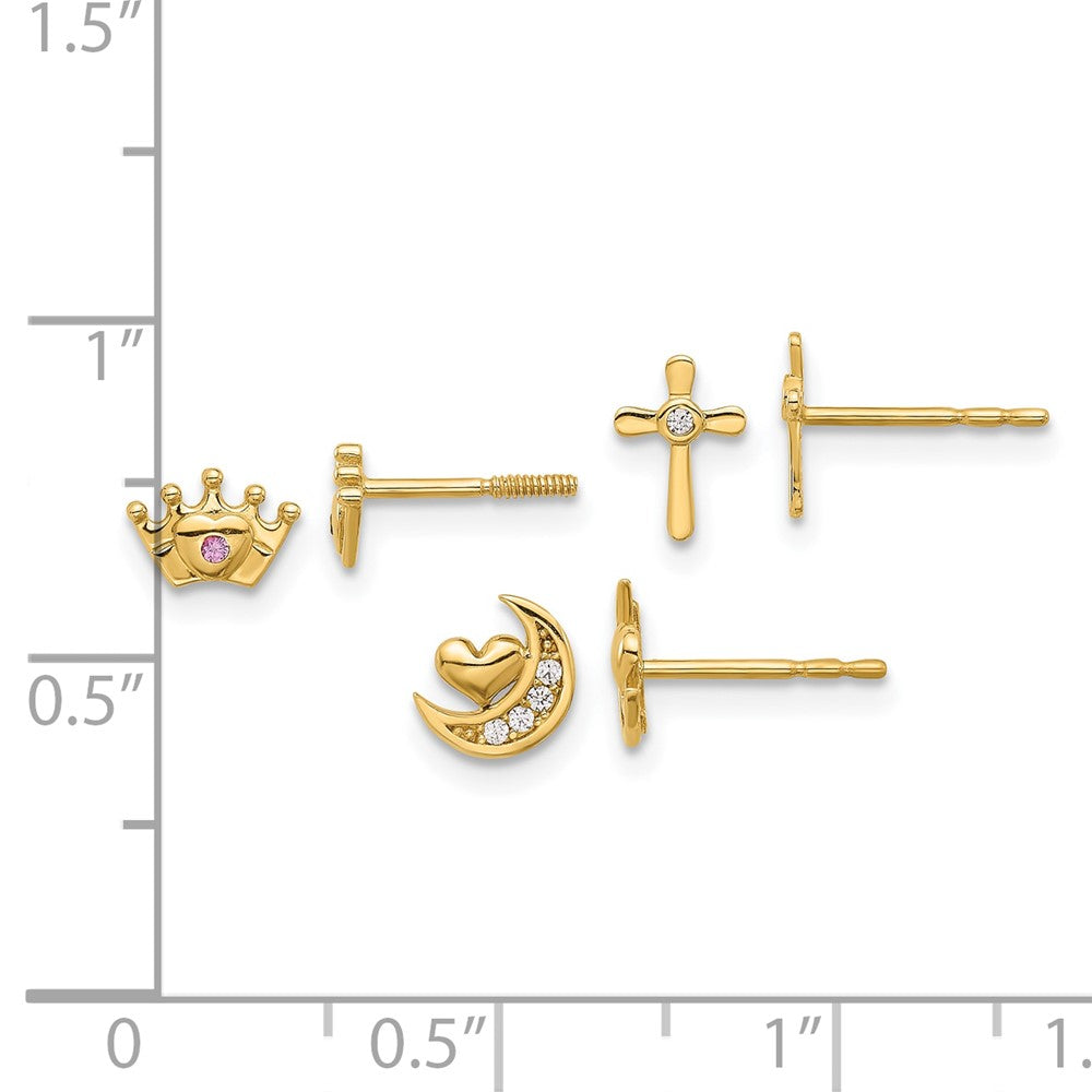 Polished Clear and Pink CZ Moon/Cross/Crown 3-Pair Post Earring Set - WBC