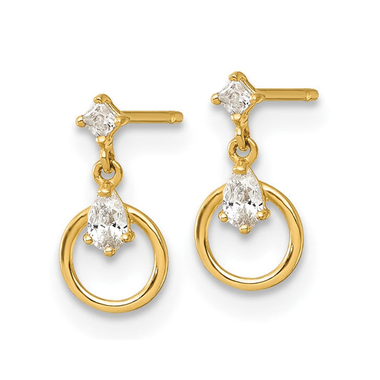 Polished Pear and Square CZ Circle Doorknocker Dangle Post Earrings - WBC
