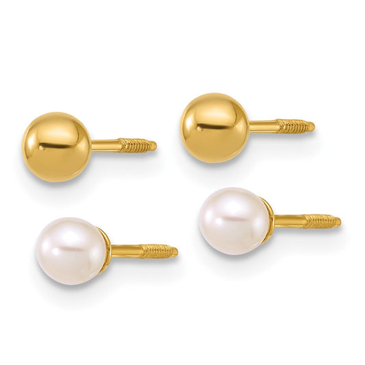 Polished Ball and 3- Freshwater Cultured Pearl Screwback Post Set of 2 Pair Earrings - WBC