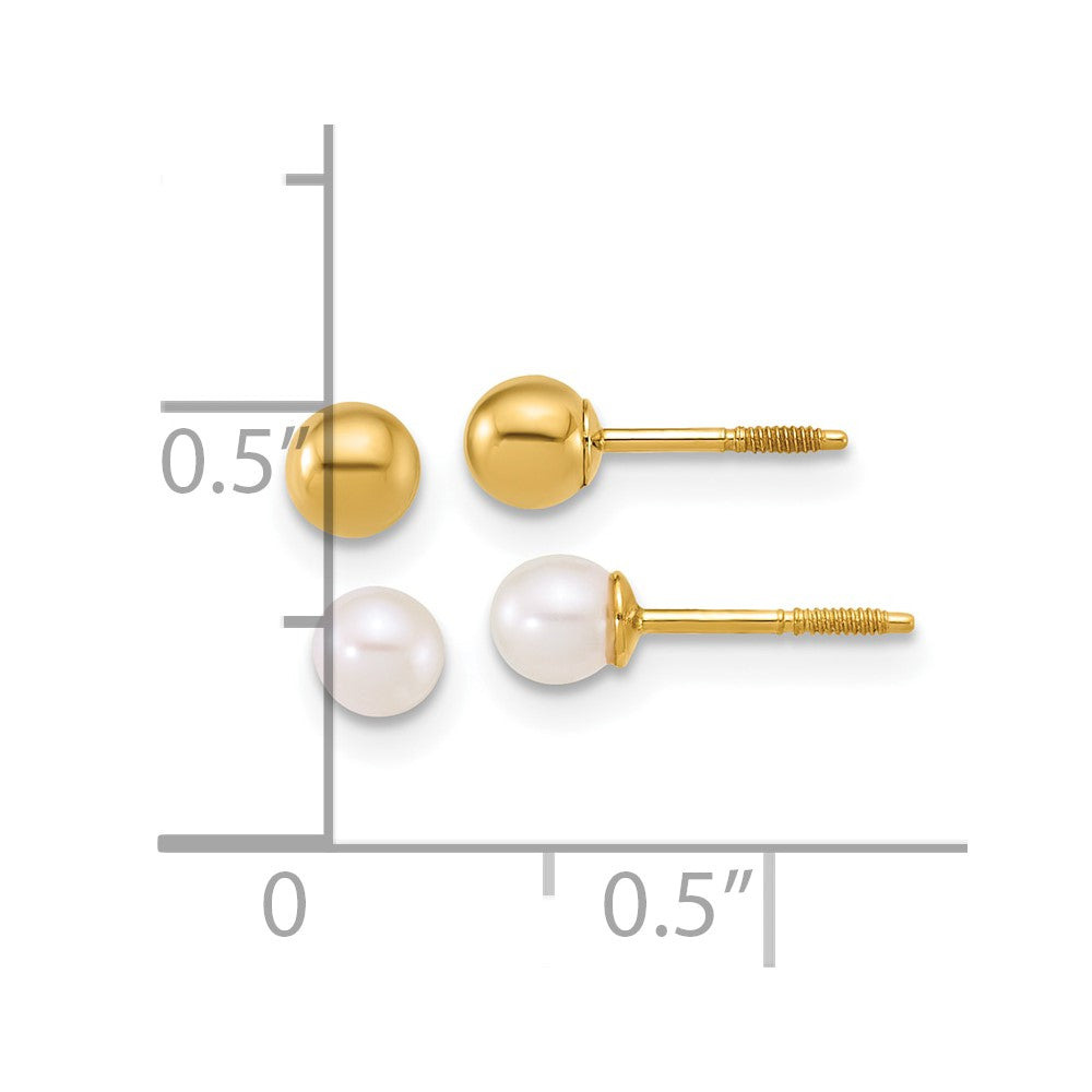 Polished Ball and 3- Freshwater Cultured Pearl Screwback Post Set of 2 Pair Earrings - WBC