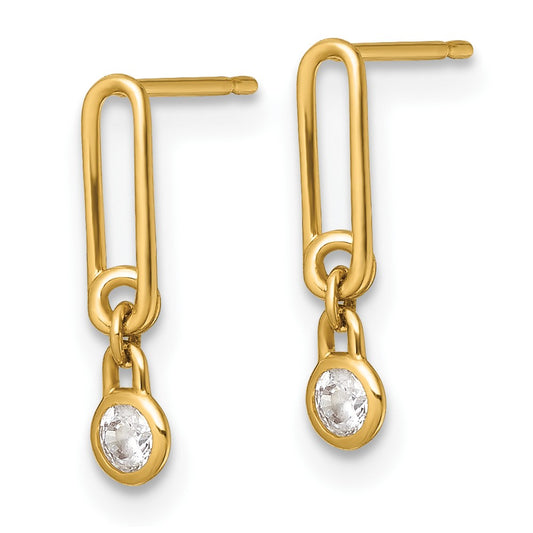 Polished Bezel CZ and Paperclip Link Dangle Post Earrings - WBC