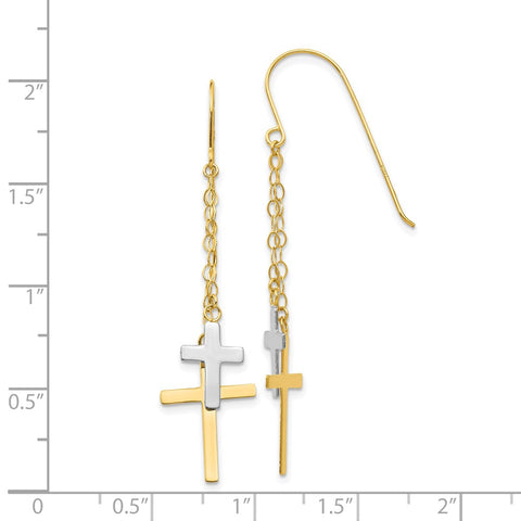 14K Two-tone Chain Dangle Cross Shepherd Hook Earrings-WBC-H1091