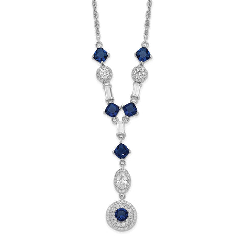 Cheryl M SS Rhodium-plated Lab Blue Glass And CZ Necklace-WBC-QCM1522-18