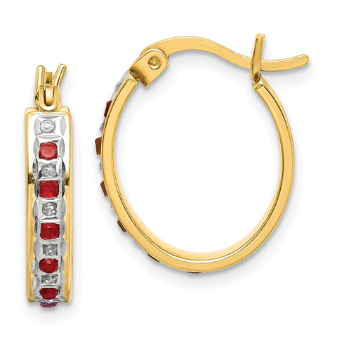 Sterling Silver Diamond Mystique Gold-plated Dia. & Ruby Oval Hoop Earrings-WBC-QDF134