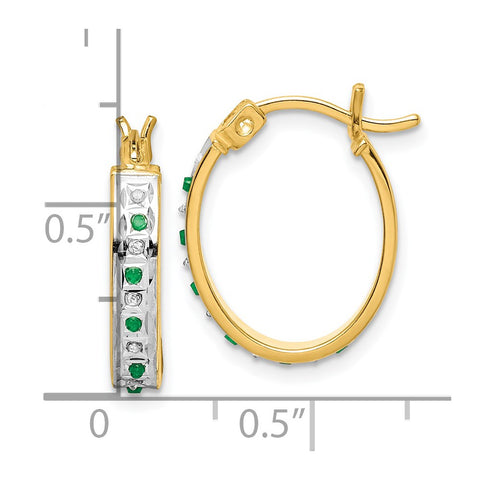 Sterling Silver Diamond Mystique Gold-plated Dia/Emerald Oval Hoop Earrings-WBC-QDF139