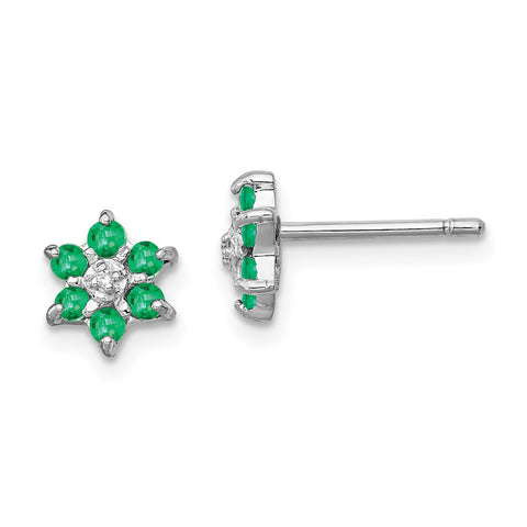Sterling Silver Rhodium Emerald & Diamond Post Earrings-WBC-QDX307