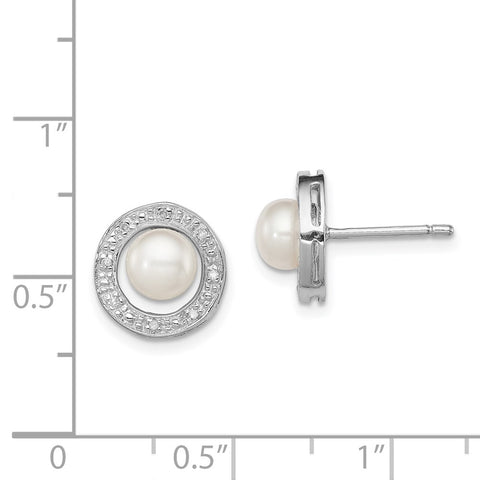 Sterling Silver Rhodium 6mm FW Cultured Pearl & Diamond Post Ear-WBC-QDX310