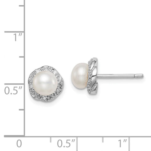 Sterling Silver Rhodium FW Cultured Pearl & Diamond Post Earrings-WBC-QDX324