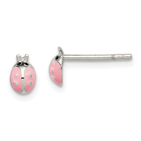 Sterling Silver Pink Enamel Kid's Ladybug Post Earrings-WBC-QE11328