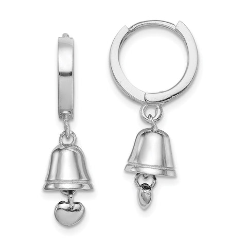 Sterling Silver RH-plated Polished Bell w/Heart Hinged Hoop Earrings-WBC-QE12286