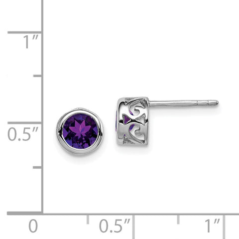 Sterling Silver Rhodium-plated Polished Amethyst Round Post Earrings-WBC-QE12625AM