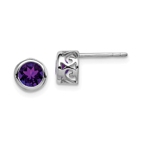 Sterling Silver Rhodium-plated Polished Amethyst Round Post Earrings-WBC-QE12625AM