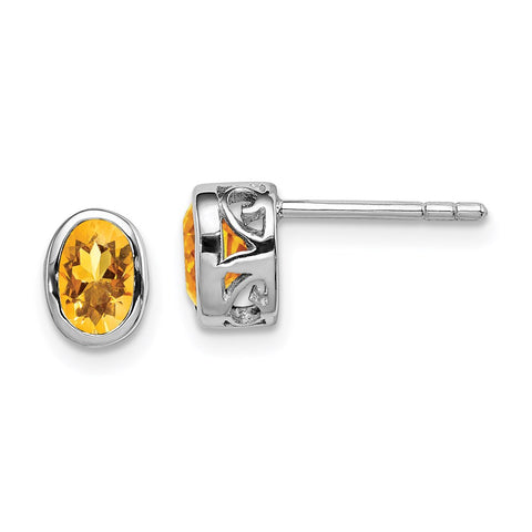 Sterling Silver Rhodium-plated Polished Citrine Oval Post Earrings-WBC-QE12626CI