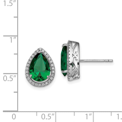 Sterling Silver Rhodium Simulated Emerald & CZ Post Earrings-WBC-QE12637MAY