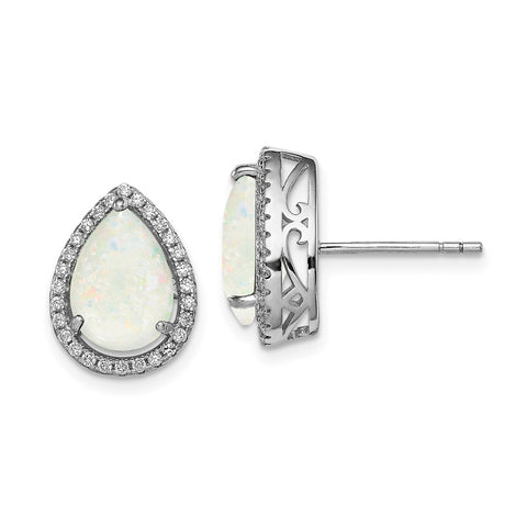 Sterling Silver Rhodium Polished Simulated Opal & CZ Post Earrings-WBC-QE12637OCT