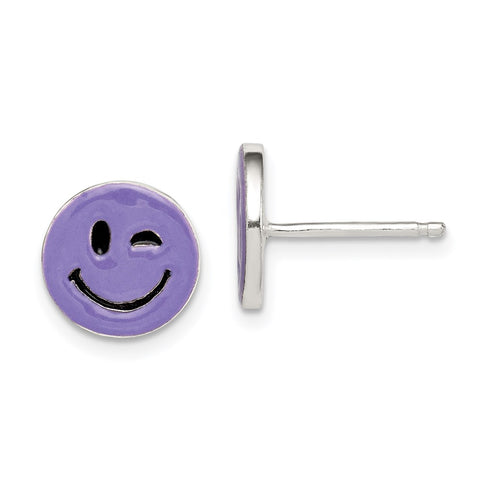 Sterling Silver Purple Enamel Winking Smiley Face Post Earrings-WBC-QE12919