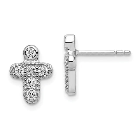 Sterling Silver RH-plated Polished CZ Cross Childrens Post Earrings-WBC-QE12951