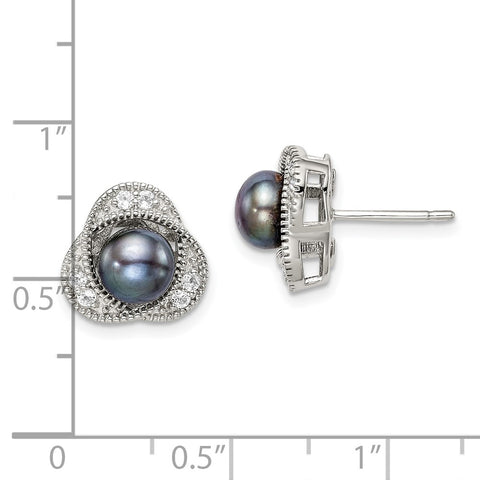 Sterling Silver Black Freshwater Cultured Pearl & White Topaz Post Earrings-WBC-QE14311