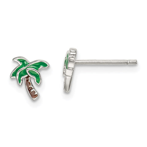 Sterling Silver Enameled Palm Tree Post Earrings-WBC-QE14345