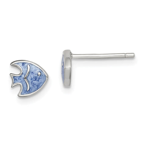 Sterling Silver Enameled Blue Fish Post Earrings-WBC-QE14346
