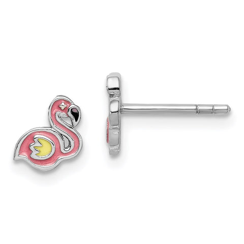 Sterling Silver Rhodium-plated Childs Enameled Flamingo Post Earrings-WBC-QE14350