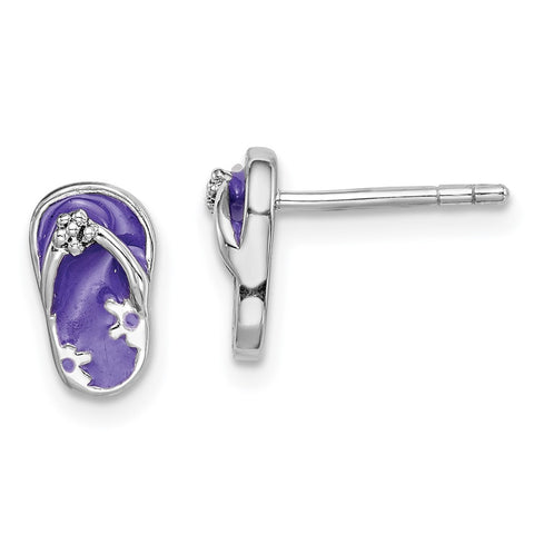 Sterling Silver Rhodium-plated Enameled Purple Flip Flop Post Earrings-WBC-QE14352