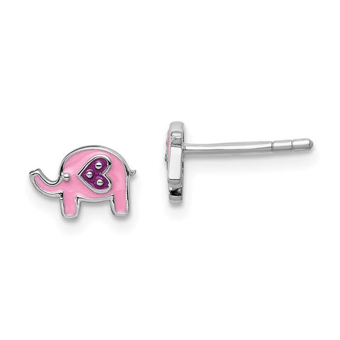 Sterling Silver Rhodium-plated Childs Enameled Pink Elephant Post Earrings-WBC-QE14359