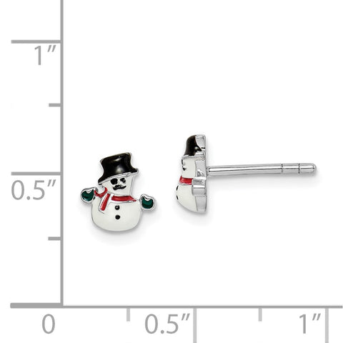 Sterling Silver Rhodium-plated Childs Enameled Snowman Post Earrings-WBC-QE14363