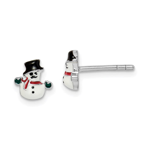 Sterling Silver Rhodium-plated Childs Enameled Snowman Post Earrings-WBC-QE14363