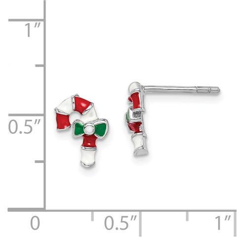 Sterling Silver Rhodium-plated Childs Enameled Candy Cane Post Earrings-WBC-QE14365
