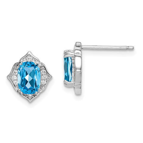 Sterling Silver Rhod-plated Blue Topaz and White CZ Post Dangle Earrings-WBC-QE14373