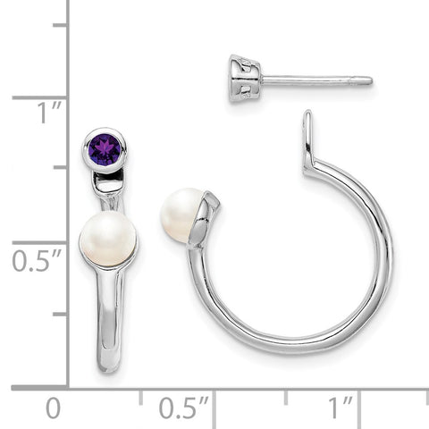 Sterling Silver Rhodium-plate FWC Pearl & Amethyst Front & Back Earrings-WBC-QE14376AM