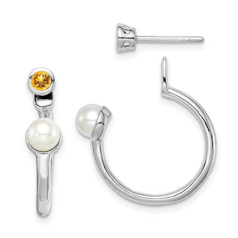 Sterling Silver Rhodium-plated FWC Pearl Citrine Front & Back Post Earrings-WBC-QE14376CI