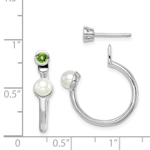 Sterling Silver Rhodium-plated FWC Pearl Peridot Front & Back Post Earrings-WBC-QE14376PE