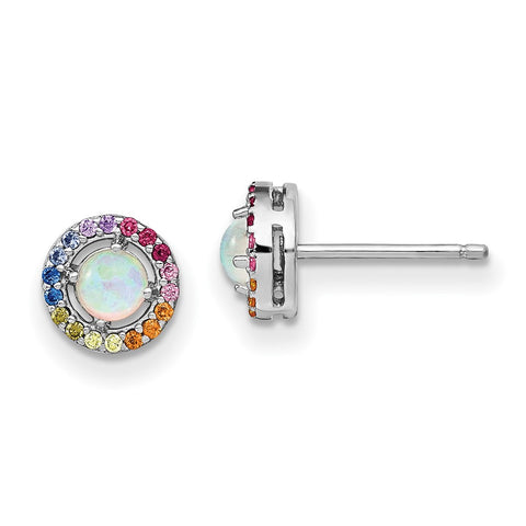 Sterling Silver Rhodium-plated Cr. Opal & Colorful CZ Round Post Earrings-WBC-QE14461