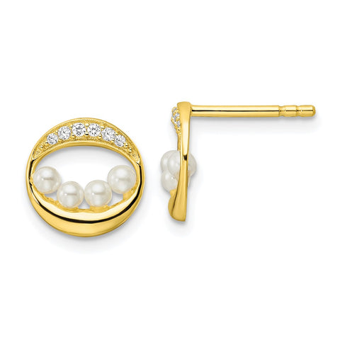 Sterling Silver Gold-tone CZ & Shell Pearl Post Earrings-WBC-QE16195