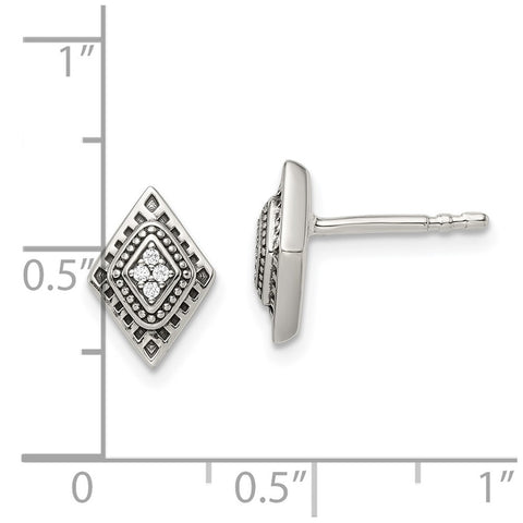 Sterling Silver Antiqued CZ Diamond-shape Post Earrings-WBC-QE16197
